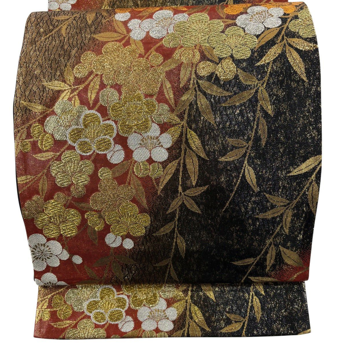 【美品】 袋帶 秀品級 梅花 幾何學 唐織 金絲 金 六通 純蠶絲
