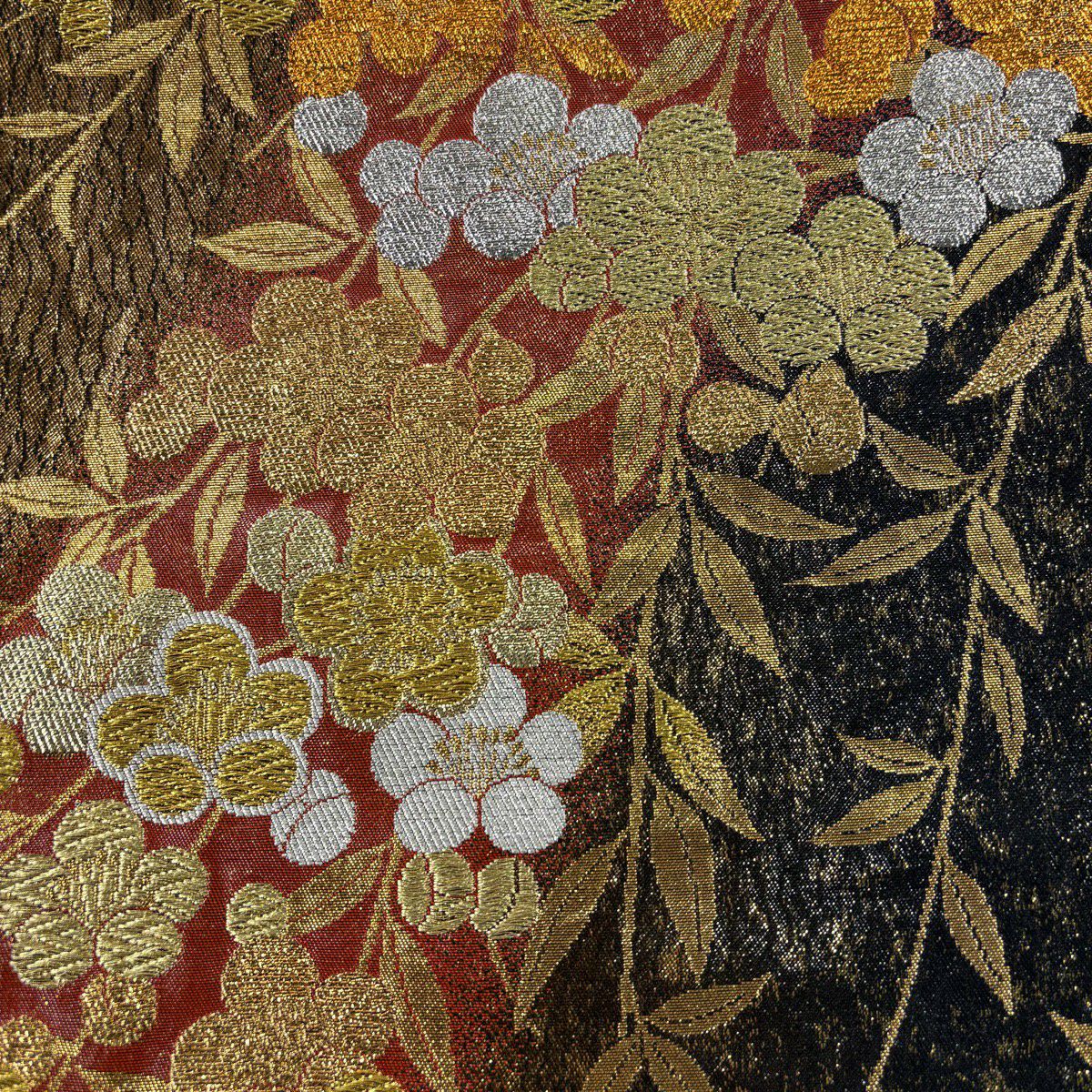 【美品】 袋帶 秀品級 梅花 幾何學 唐織 金絲 金 六通 純蠶絲