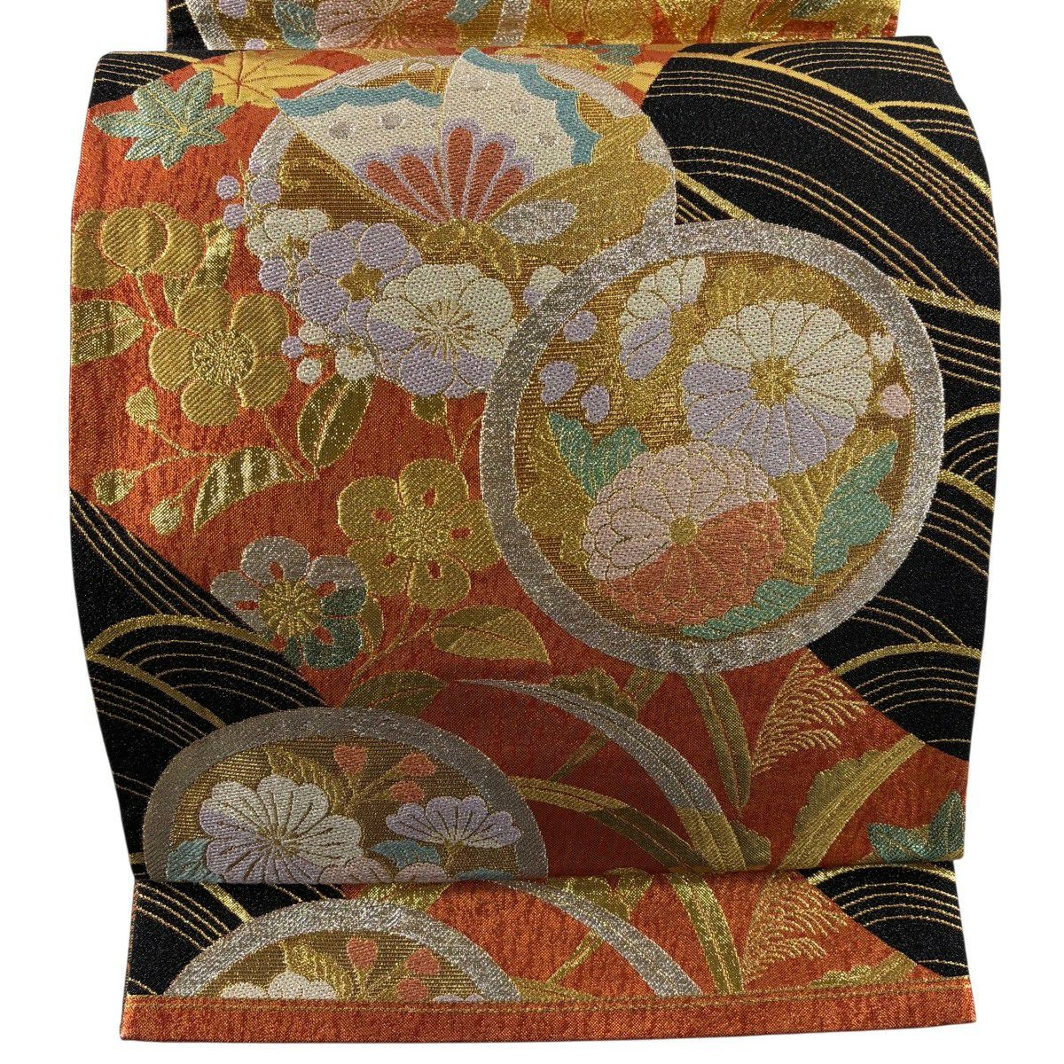 【美品】 袋帶 秀品級 振袖禮服禮服用 夢爛漫 草花紋 蝶 金糸 金金箔 黑 六通 純蠶絲