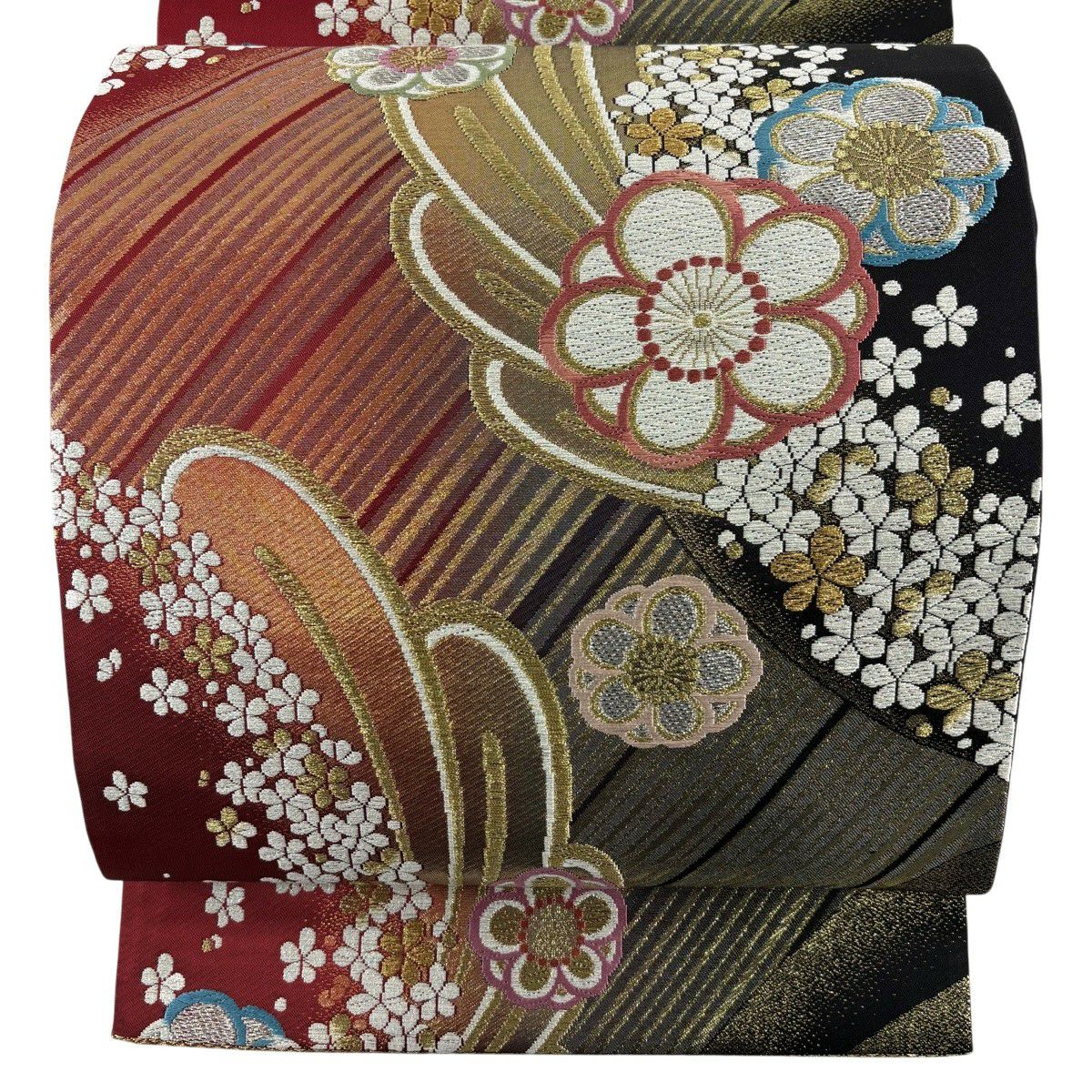 【美品】 袋帶 秀品級 花 縞 金銀彩 唐織 紅黑 六通 純蠶絲
