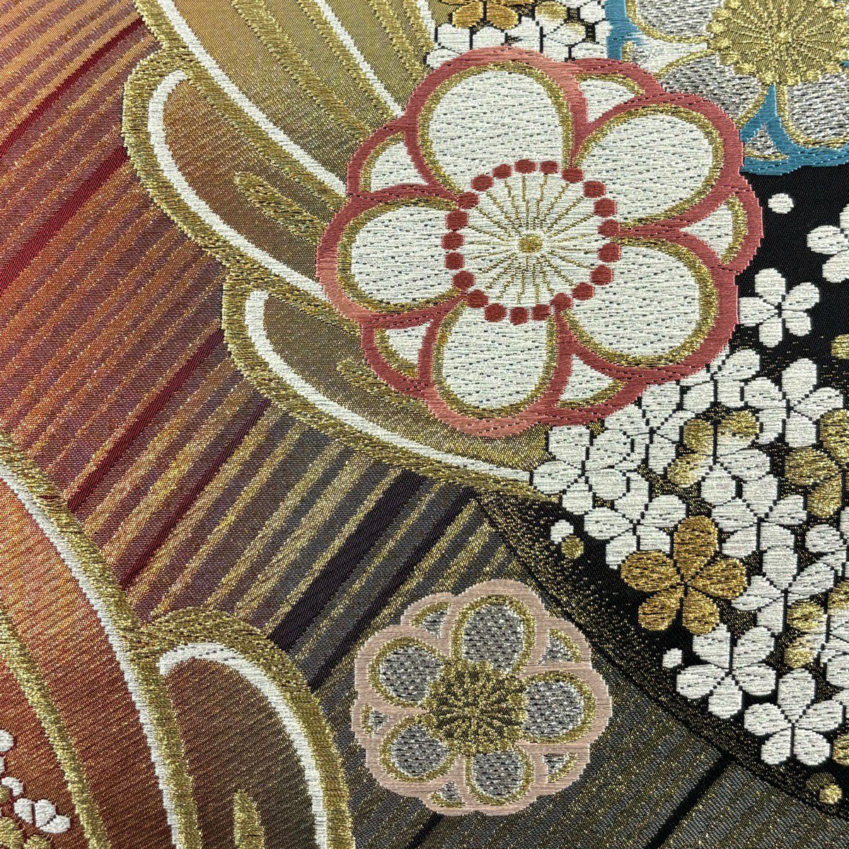 【美品】 袋帶 秀品級 花 縞 金銀彩 唐織 紅黑 六通 純蠶絲