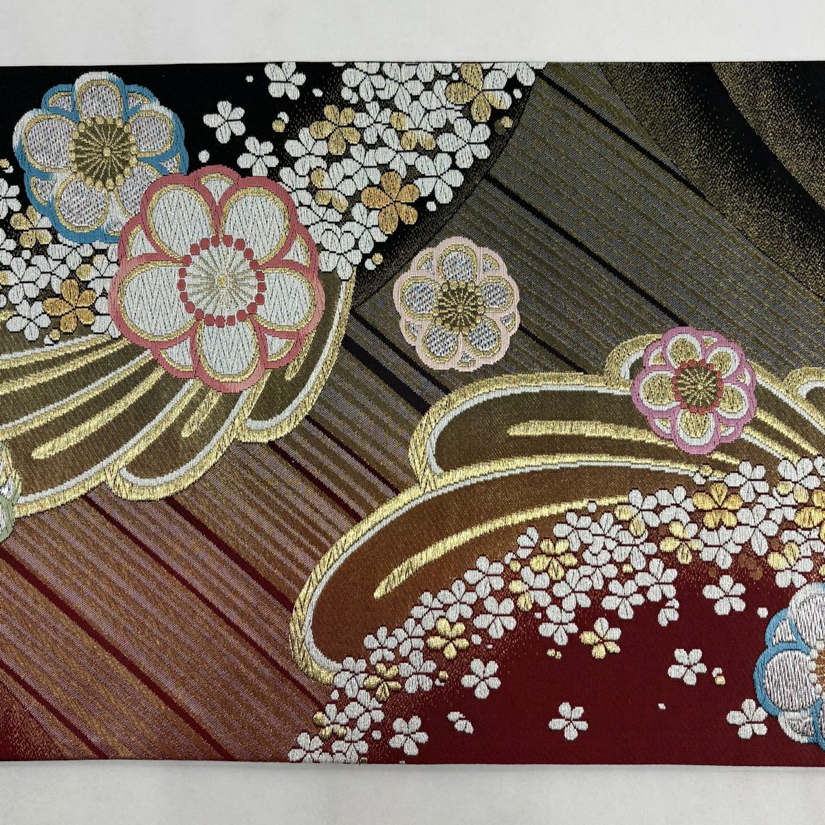 【美品】 袋帶 秀品級 花 縞 金銀彩 唐織 紅黑 六通 純蠶絲