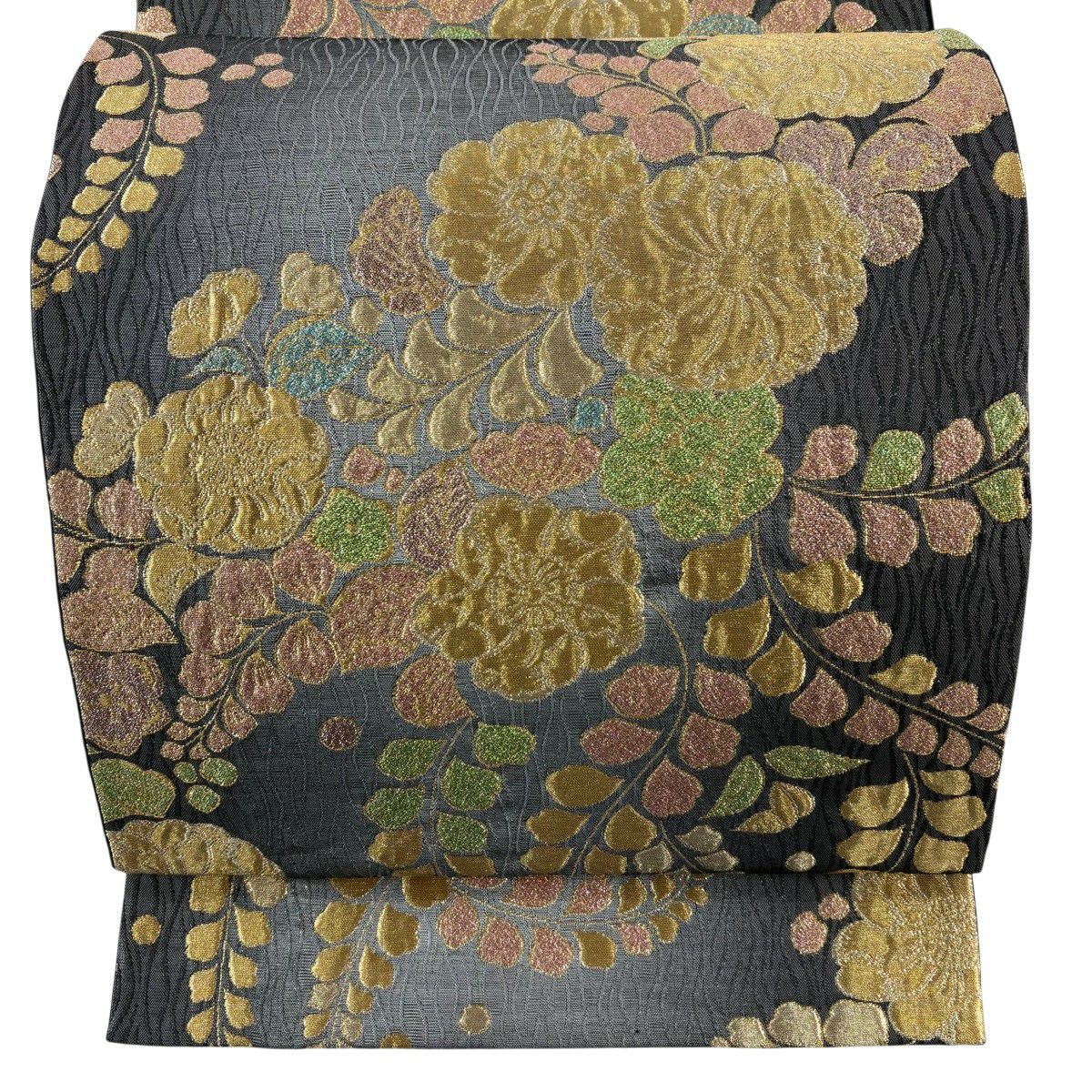 【美品】 袋帶 秀品級 辻花染圖案 金銀彩 灰色 六通 純蠶絲