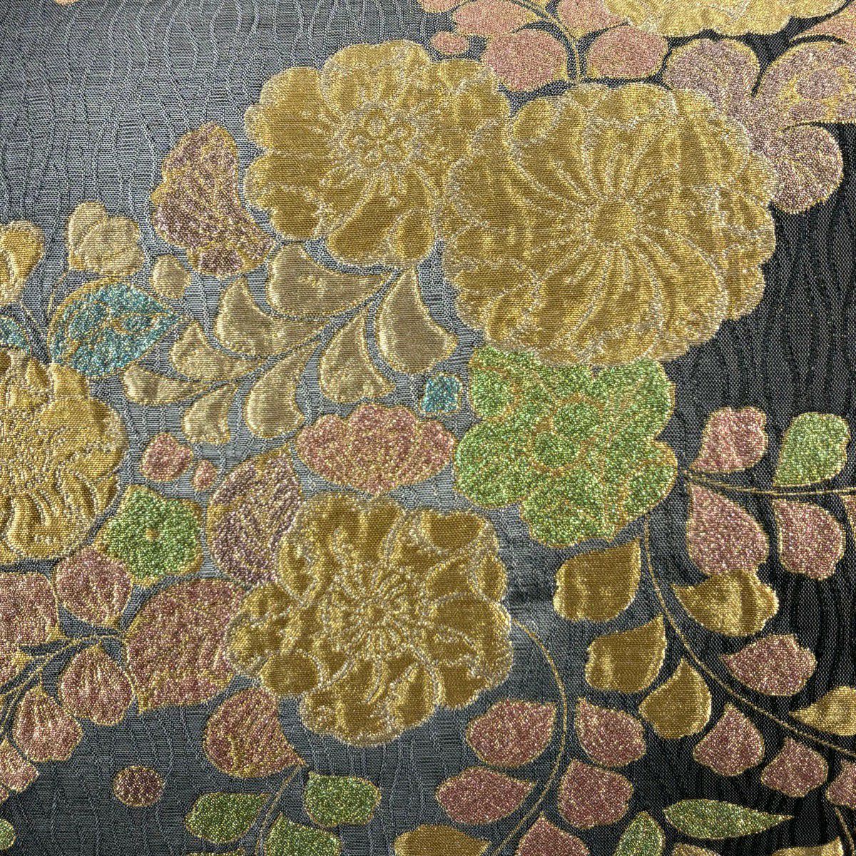 【美品】 袋帶 秀品級 辻花染圖案 金銀彩 灰色 六通 純蠶絲