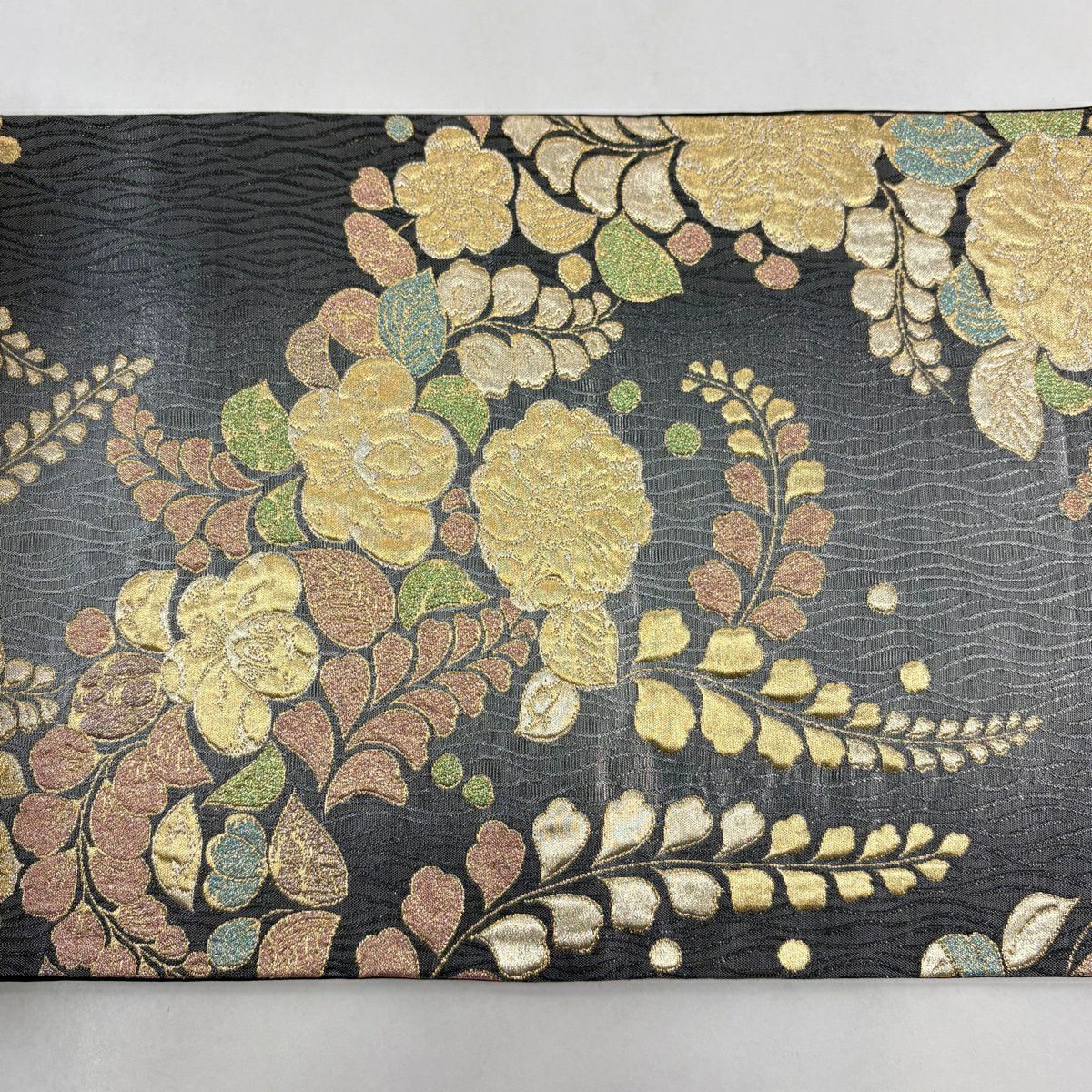 【美品】 袋帶 秀品級 辻花染圖案 金銀彩 灰色 六通 純蠶絲