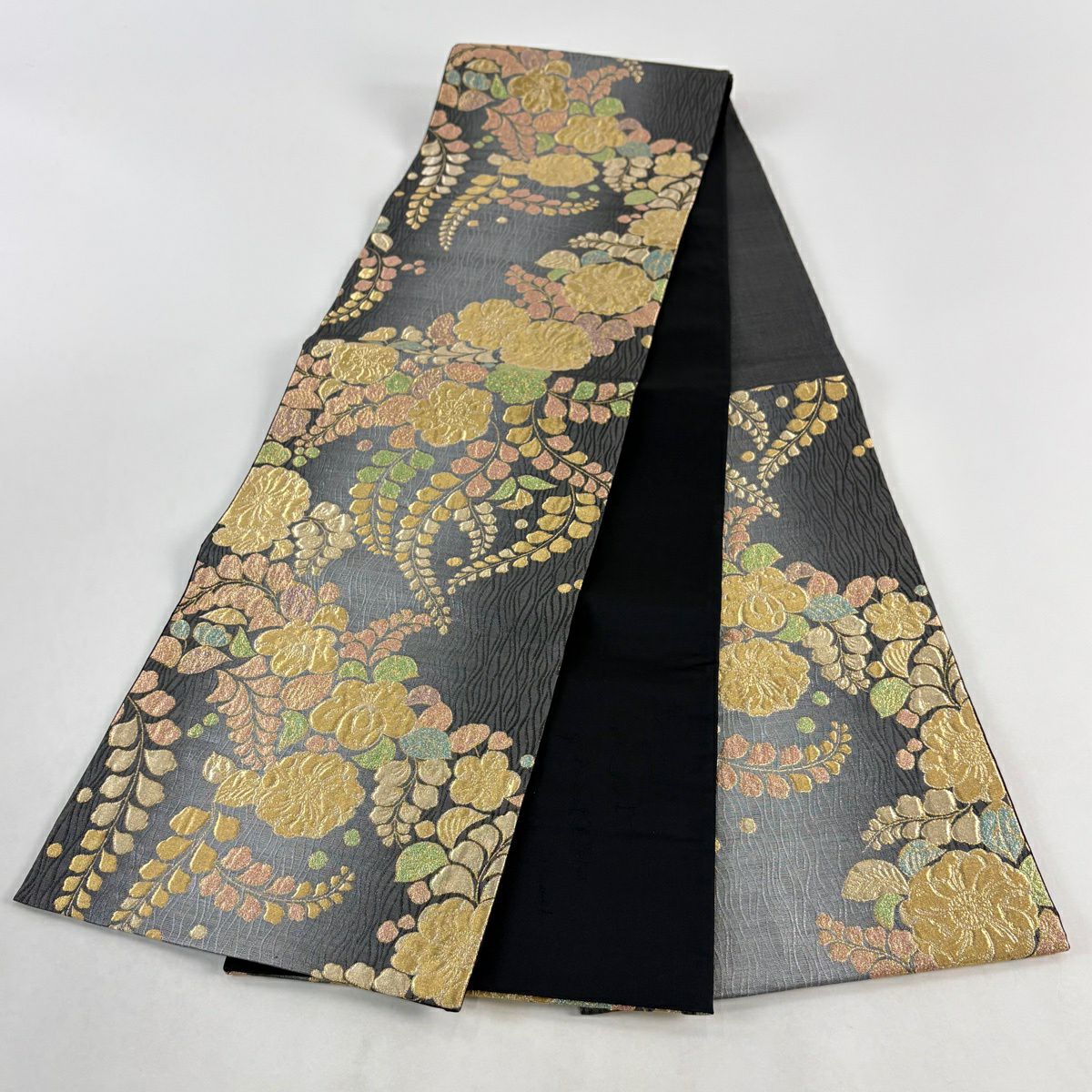 【美品】 袋帶 秀品級 辻花染圖案 金銀彩 灰色 六通 純蠶絲
