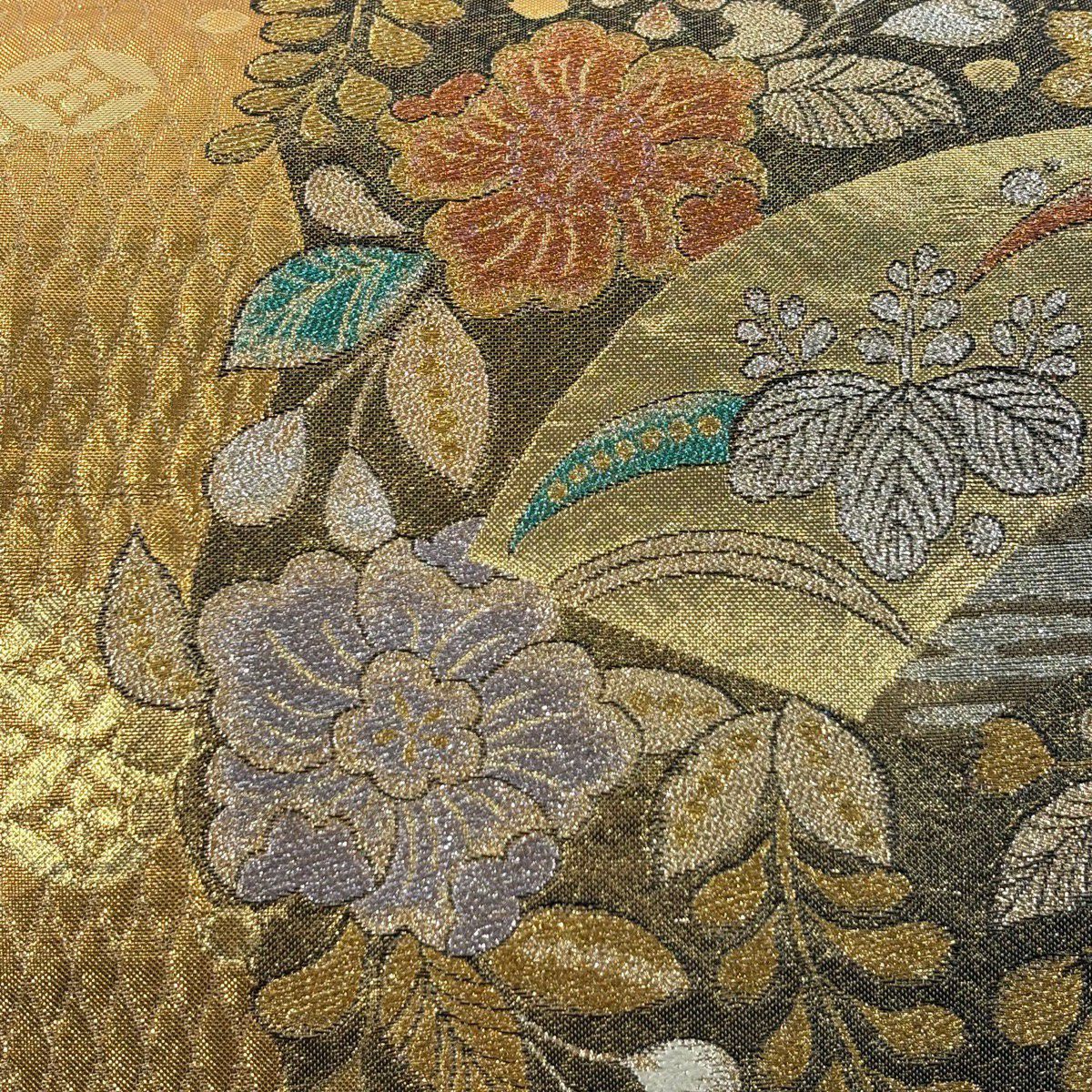 【美品】 袋帶 秀品級 草花紋紋 桐 金絲 金金箔 金 六通 純蠶絲