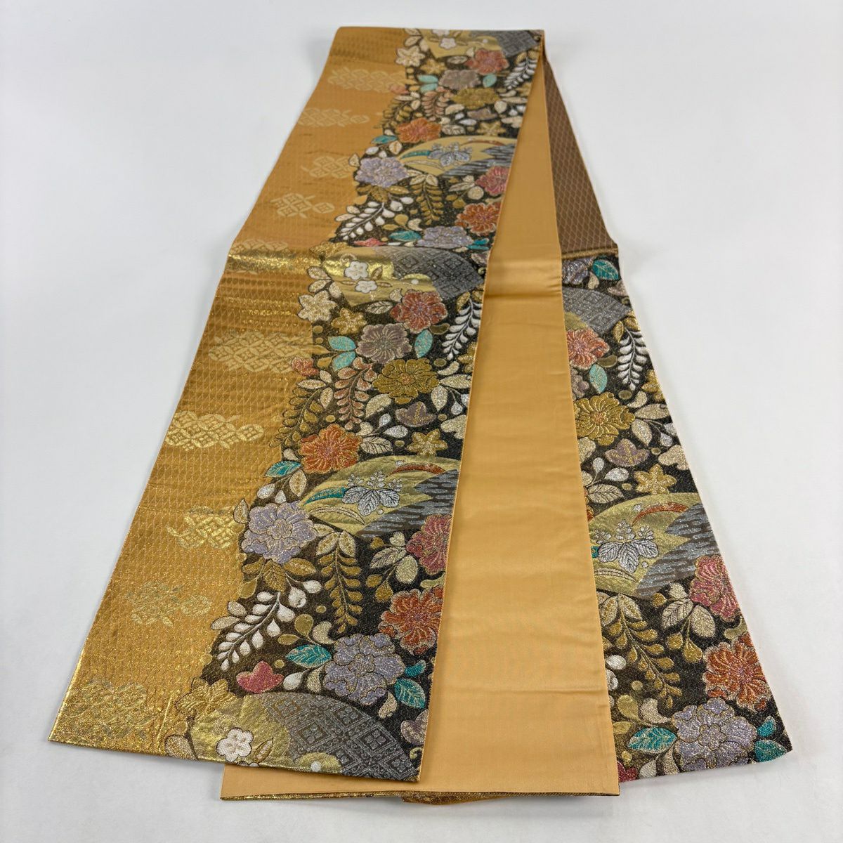 【美品】 袋帶 秀品級 草花紋紋 桐 金絲 金金箔 金 六通 純蠶絲