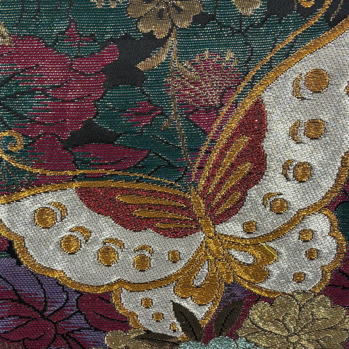 【美品】 袋帶 秀品級 草花紋紋 蝶 金銀彩 金金箔 黑 六通 純蠶絲