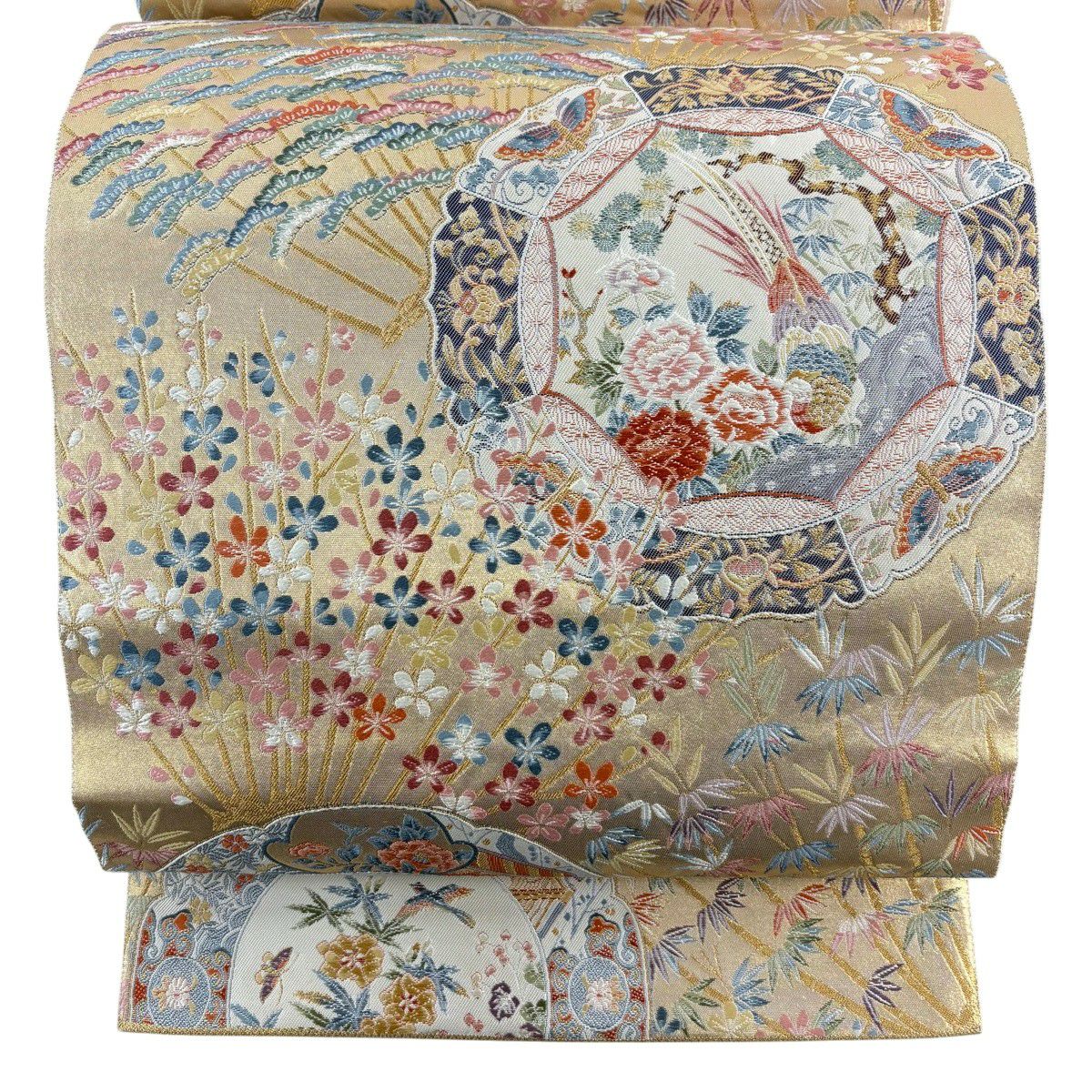 【美品】 袋帶 秀品級 關西仕立 松樹竹子梅花 鳥 金絲 金金箔 金色 六通 純蠶絲