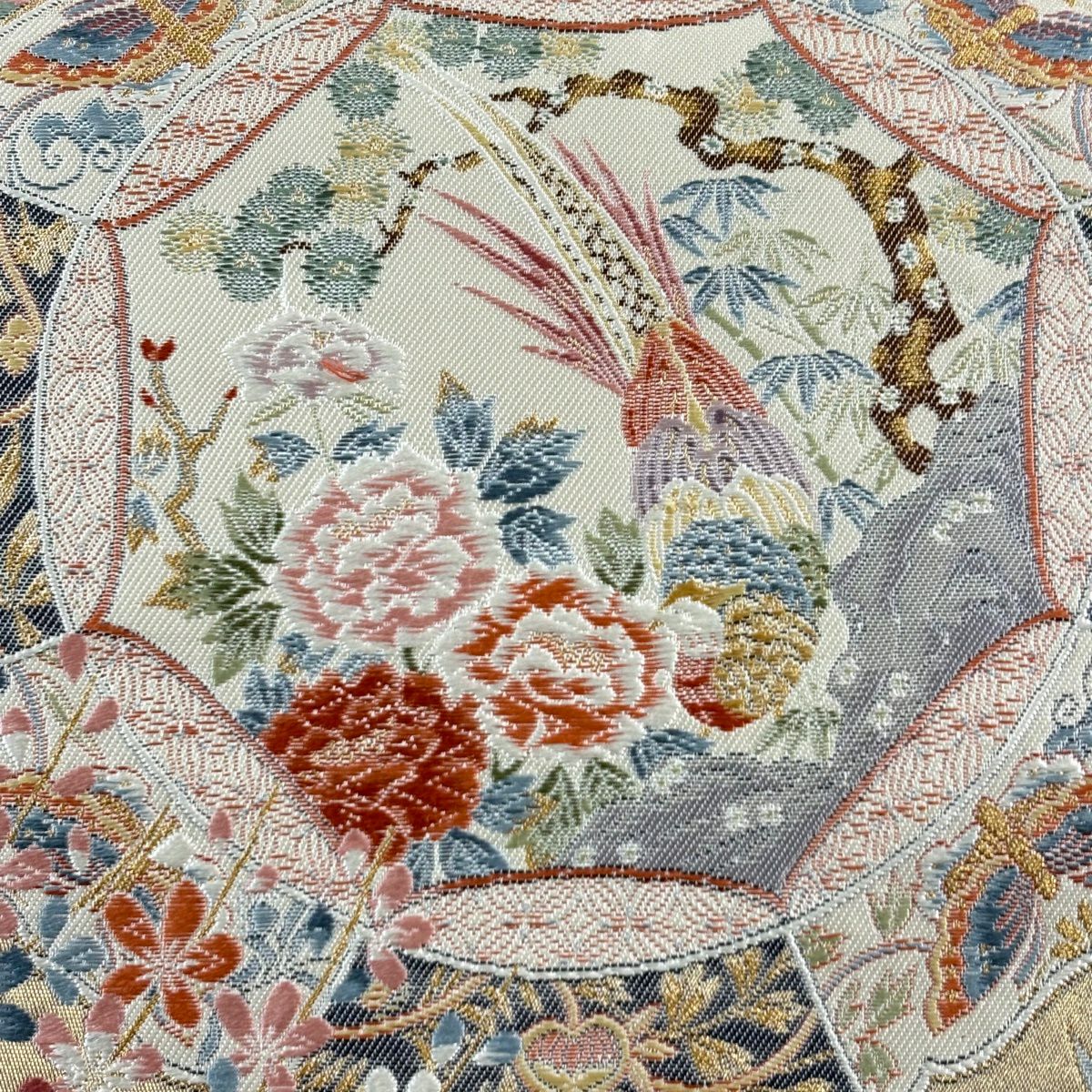 【美品】 袋帶 秀品級 關西仕立 松樹竹子梅花 鳥 金絲 金金箔 金色 六通 純蠶絲