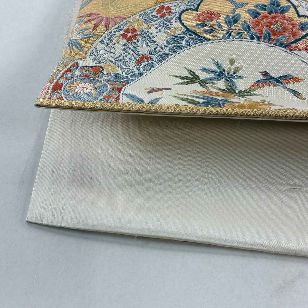 【美品】 袋帶 秀品級 關西仕立 松樹竹子梅花 鳥 金絲 金金箔 金色 六通 純蠶絲