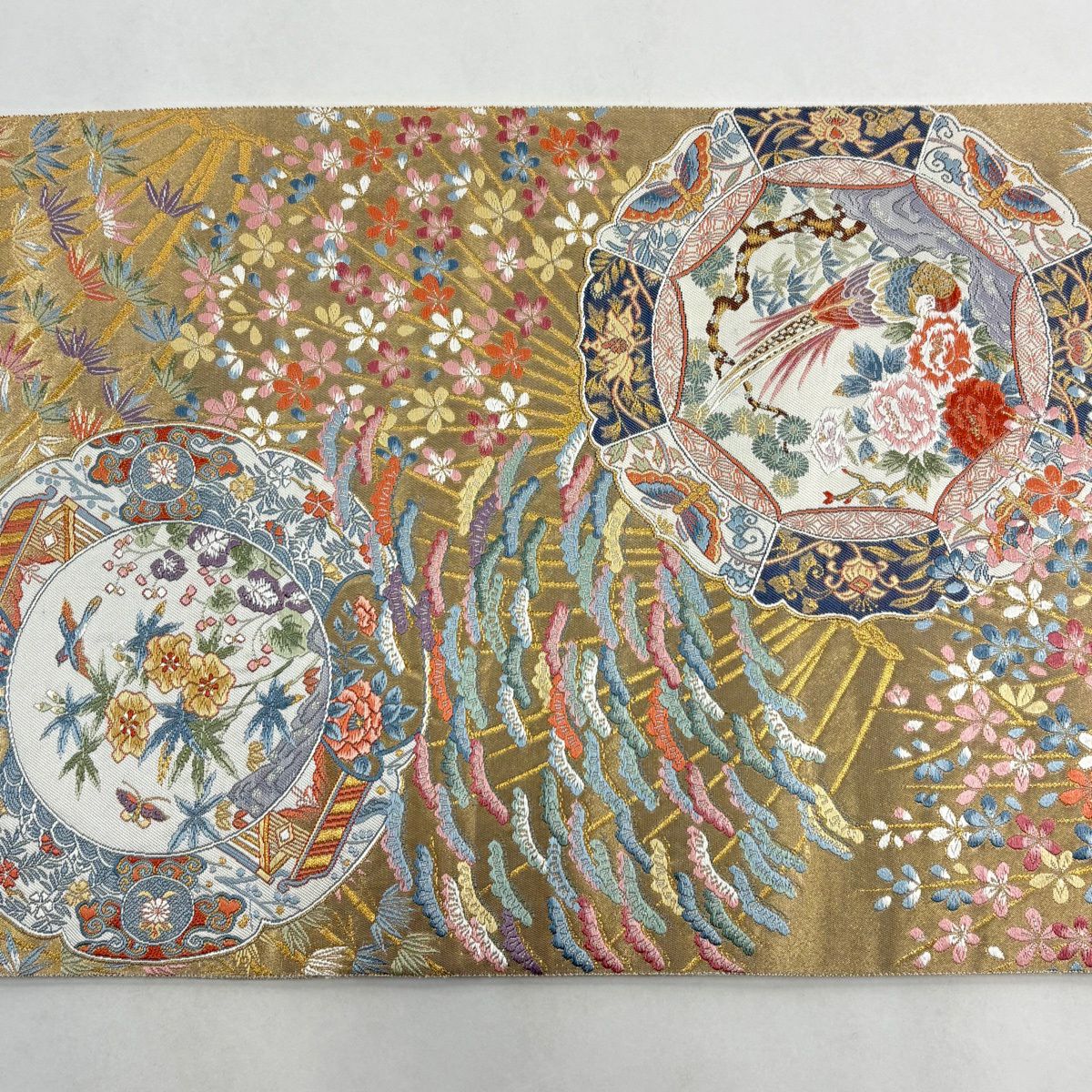 【美品】 袋帶 秀品級 關西仕立 松樹竹子梅花 鳥 金絲 金金箔 金色 六通 純蠶絲