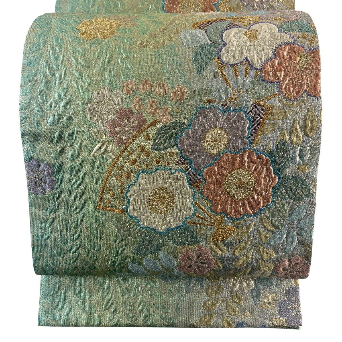 【美品】 袋帶 秀品級 草花紋紋 扇子形 金絲 金金箔 黃綠 六通 純蠶絲