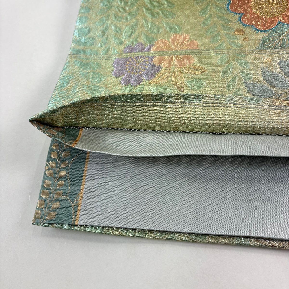 【美品】 袋帶 秀品級 草花紋紋 扇子形 金絲 金金箔 黃綠 六通 純蠶絲