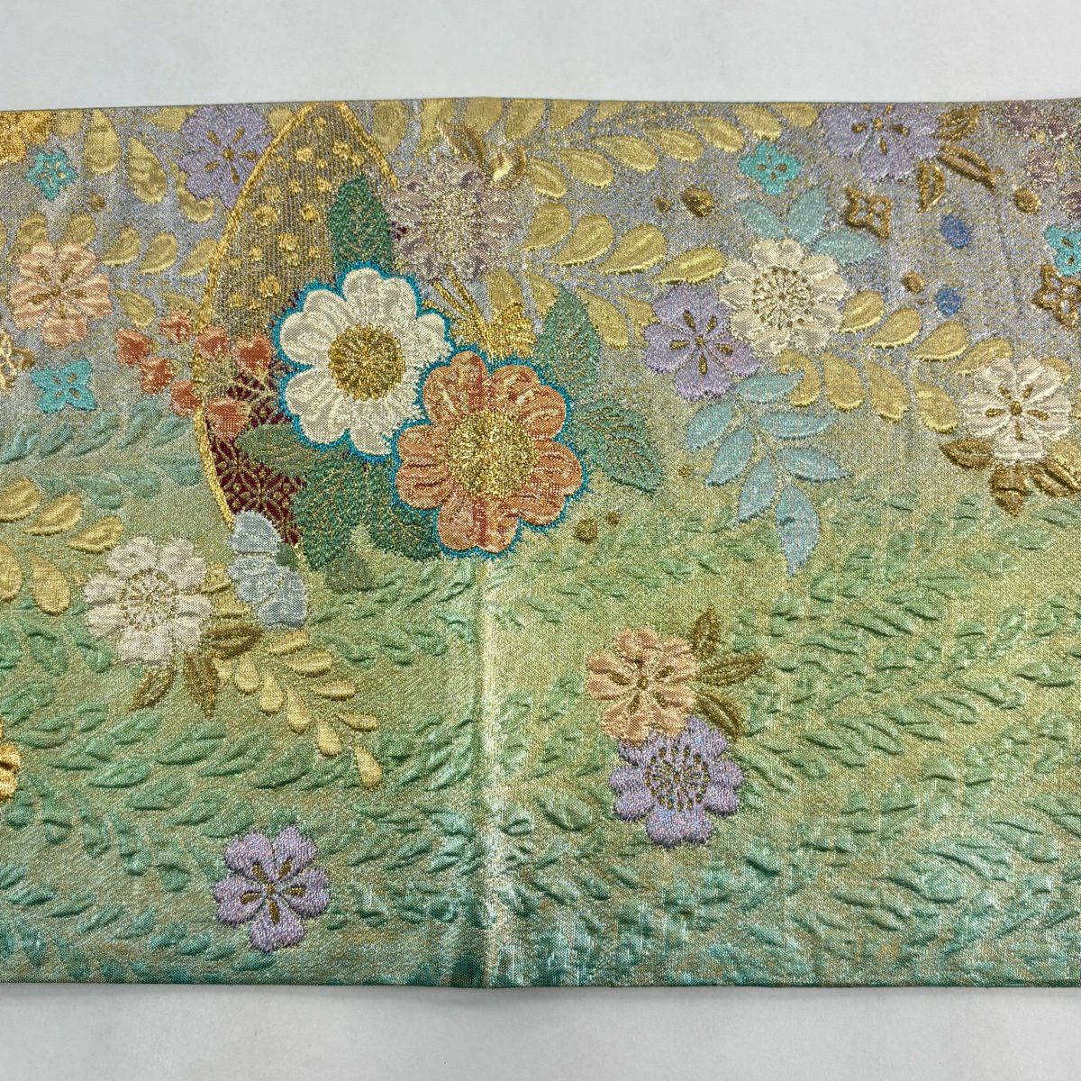【美品】 袋帶 秀品級 草花紋紋 扇子形 金絲 金金箔 黃綠 六通 純蠶絲