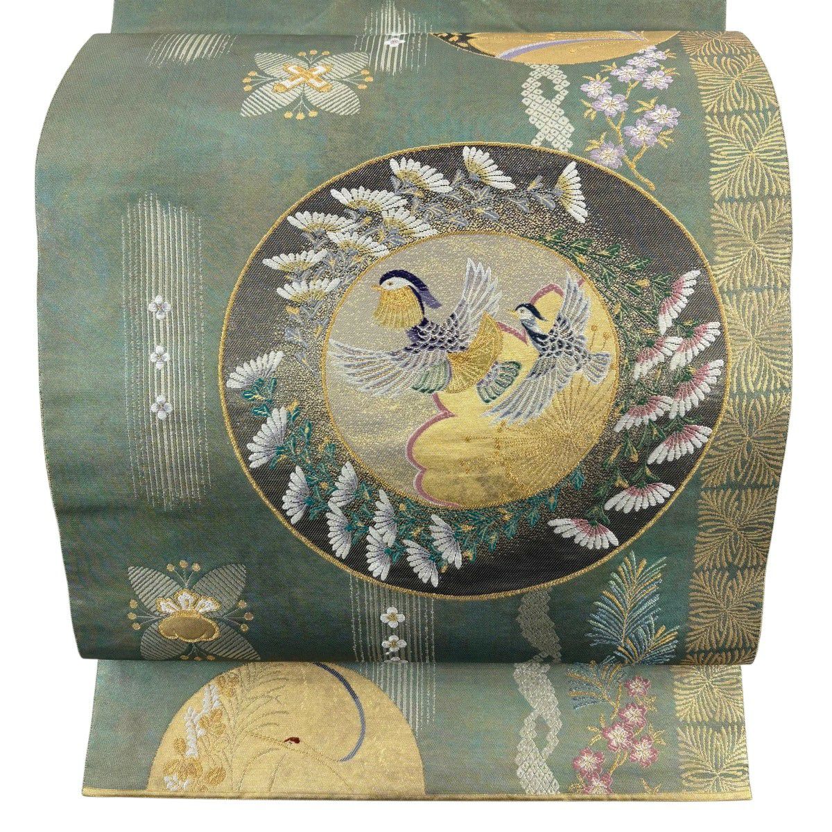 【美品】 袋帶 秀品級 長嶋成織物 落款あり 瀞金錦 本金金箔 瑞鳥圓想文 草花紋 鳥 金銀絲 金箔 灰綠 六通 純蠶絲