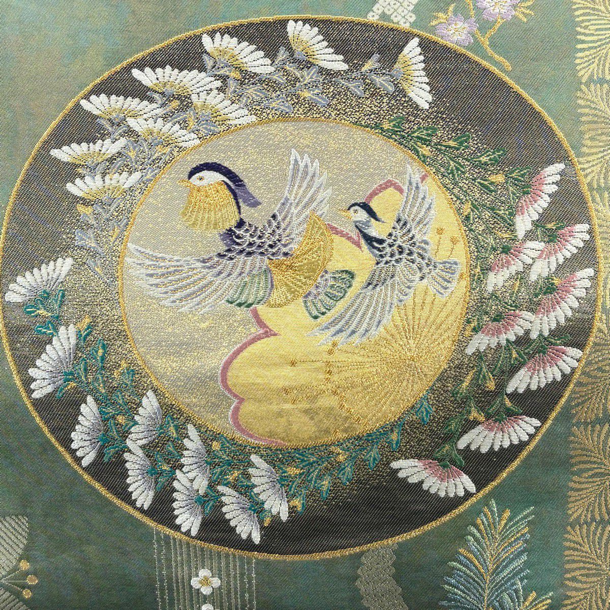 【美品】 袋帶 秀品級 長嶋成織物 落款あり 瀞金錦 本金金箔 瑞鳥圓想文 草花紋 鳥 金銀絲 金箔 灰綠 六通 純蠶絲