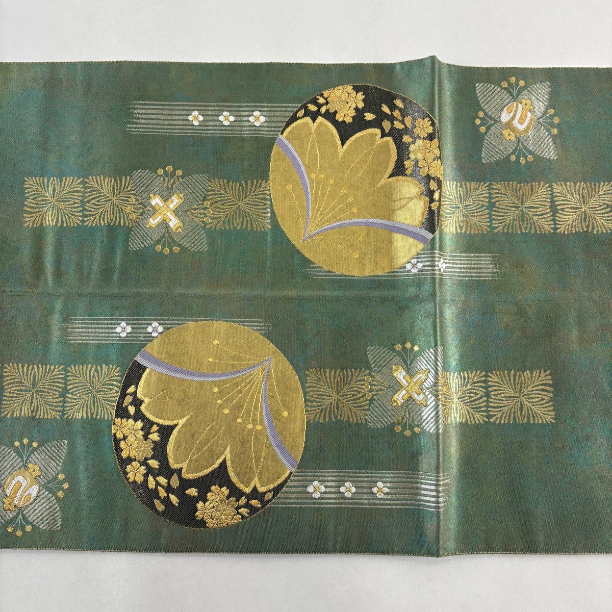 【美品】 袋帶 秀品級 長嶋成織物 落款あり 瀞金錦 本金金箔 瑞鳥圓想文 草花紋 鳥 金銀絲 金箔 灰綠 六通 純蠶絲