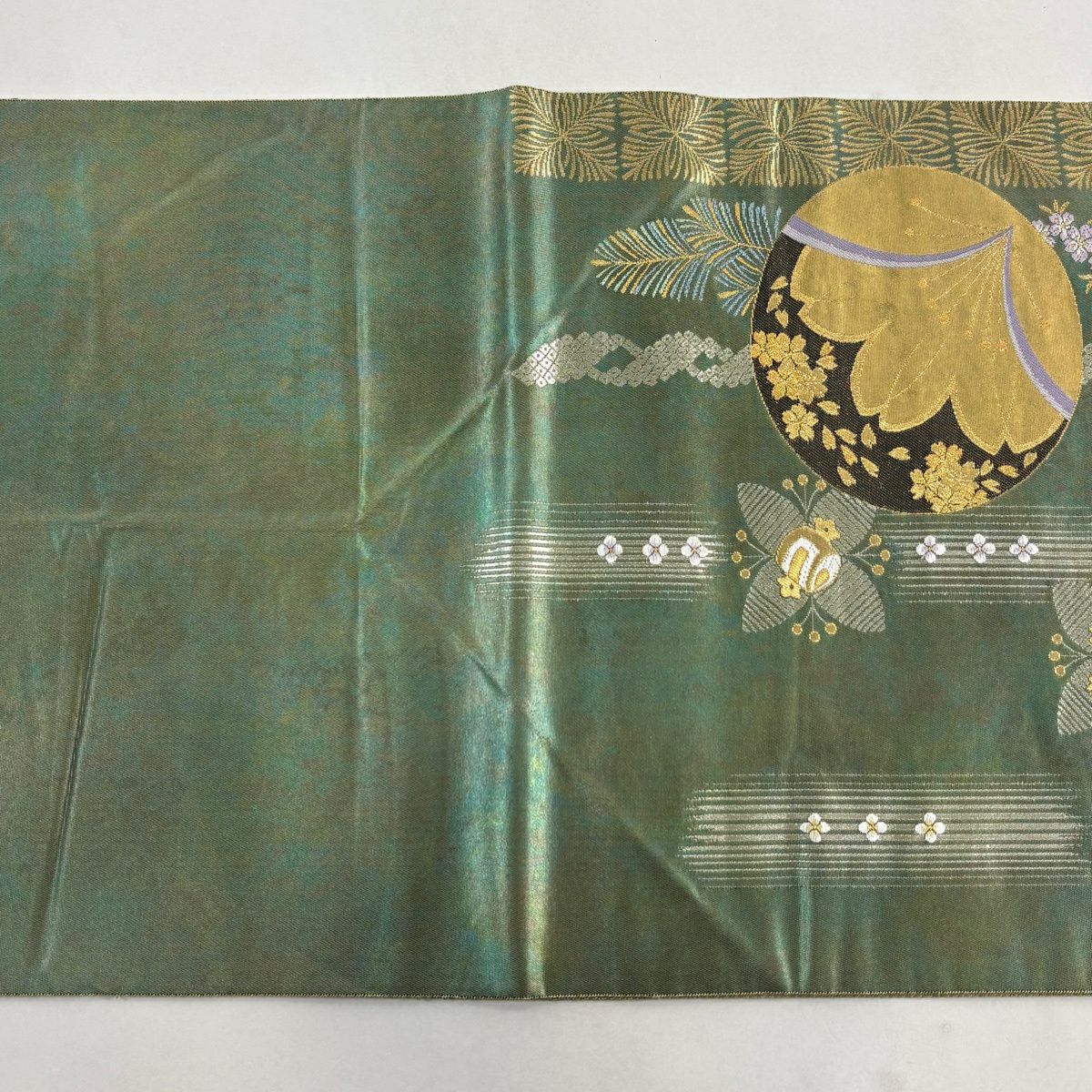 【美品】 袋帶 秀品級 長嶋成織物 落款あり 瀞金錦 本金金箔 瑞鳥圓想文 草花紋 鳥 金銀絲 金箔 灰綠 六通 純蠶絲