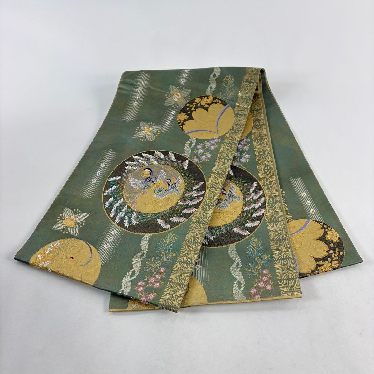 【美品】 袋帶 秀品級 長嶋成織物 落款あり 瀞金錦 本金金箔 瑞鳥圓想文 草花紋 鳥 金銀絲 金箔 灰綠 六通 純蠶絲