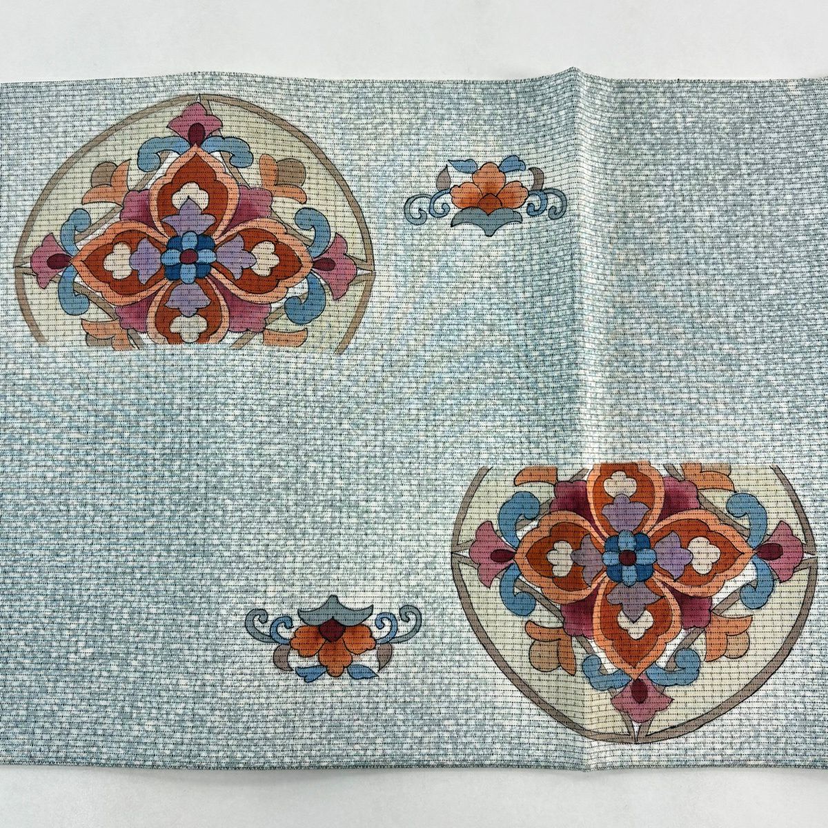 【美品】 袋帶 秀品級 證書齊全 大島紬織地 花菱 七寶紋 青灰色 お太鼓柄 純蠶絲