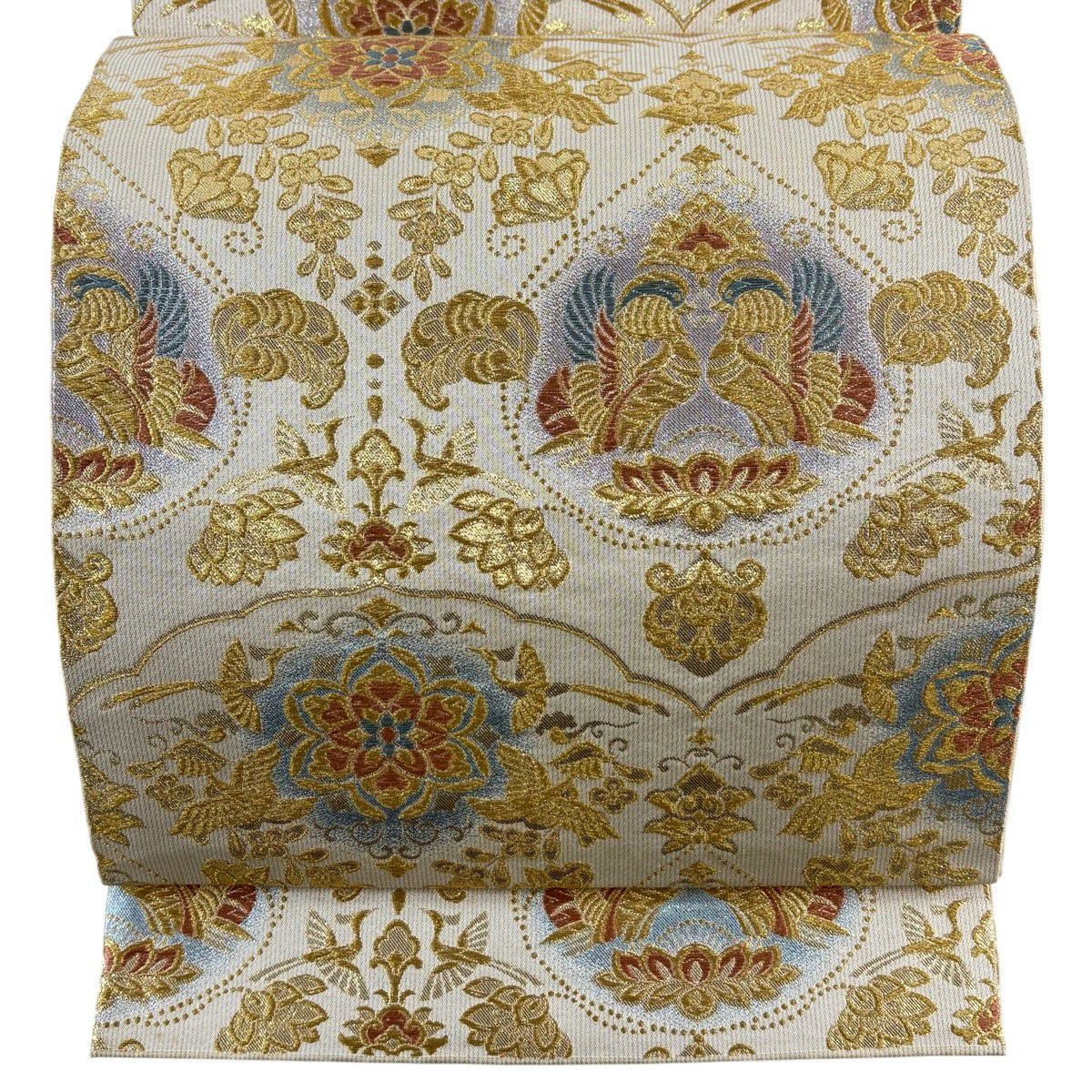 【美品】 袋帶 秀品級 向鳥文 草花紋紋 金絲 金金箔 米色 六通 純蠶絲