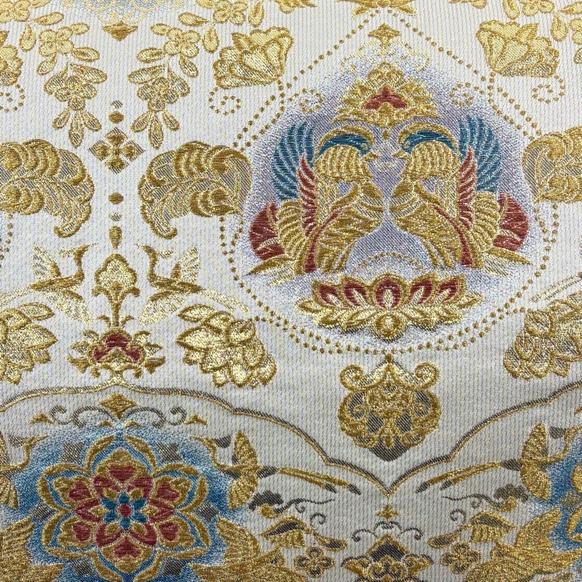【美品】 袋帶 秀品級 向鳥文 草花紋紋 金絲 金金箔 米色 六通 純蠶絲