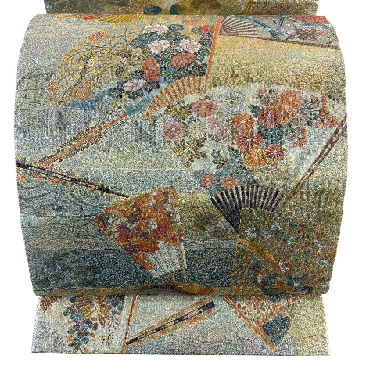 【美品】 袋帶 秀品級 琳派三十六華扇子 花鳥 金金箔 金絲 淺綠 お太鼓圖案 純蠶絲