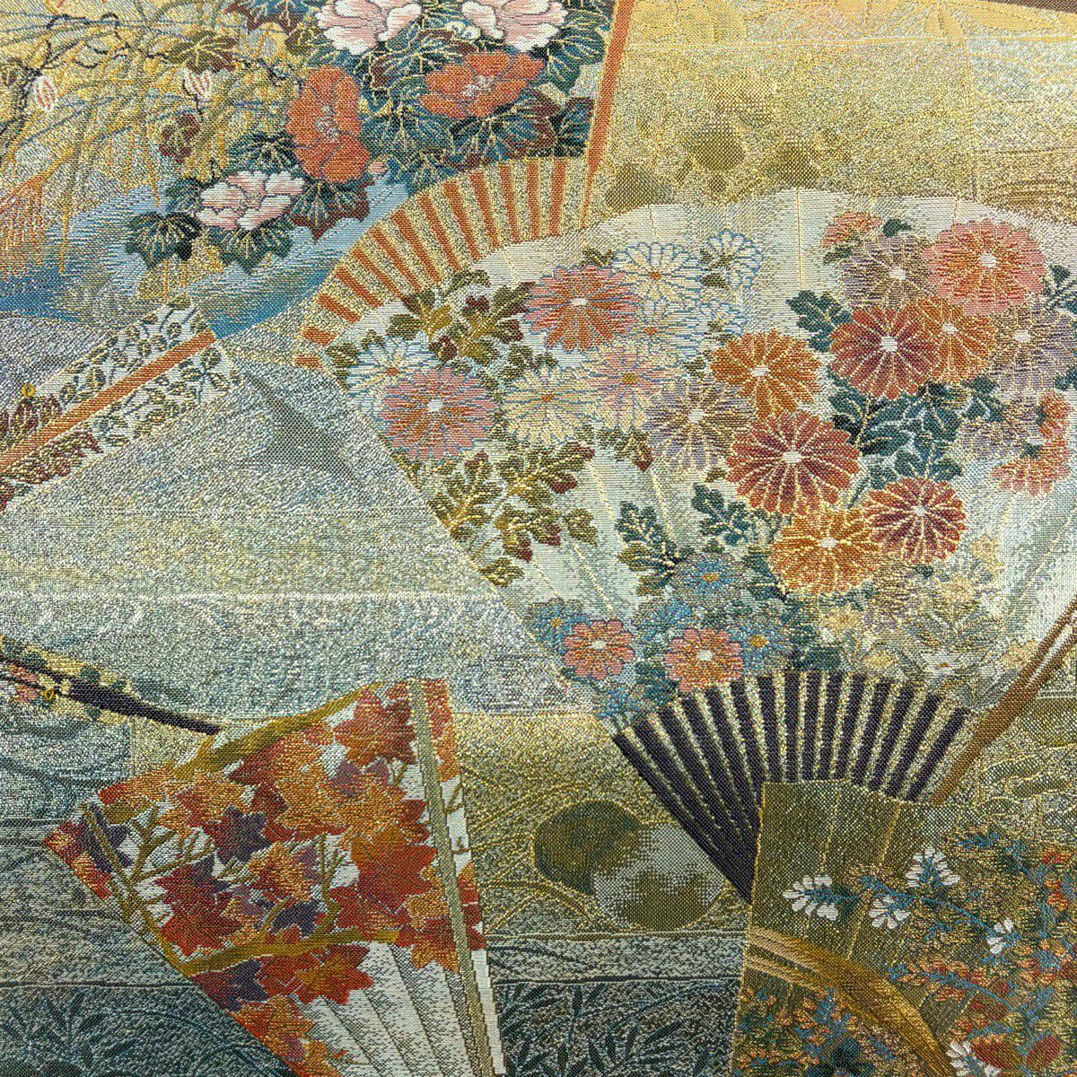 【美品】 袋帶 秀品級 琳派三十六華扇子 花鳥 金金箔 金絲 淺綠 お太鼓圖案 純蠶絲