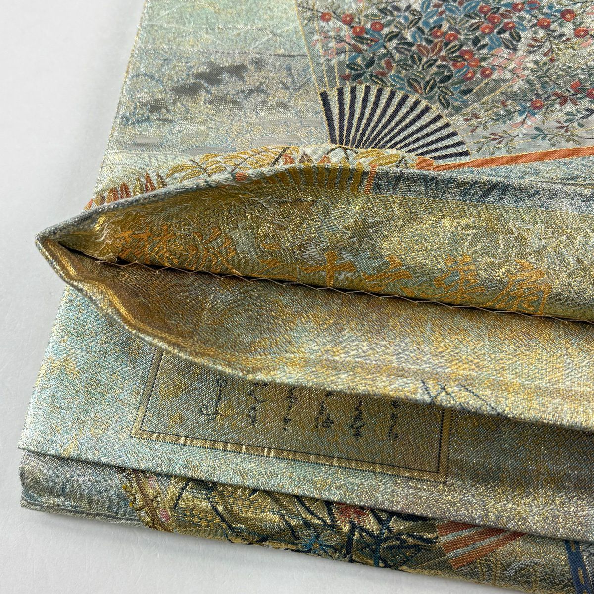 【美品】 袋帶 秀品級 琳派三十六華扇子 花鳥 金金箔 金絲 淺綠 お太鼓圖案 純蠶絲