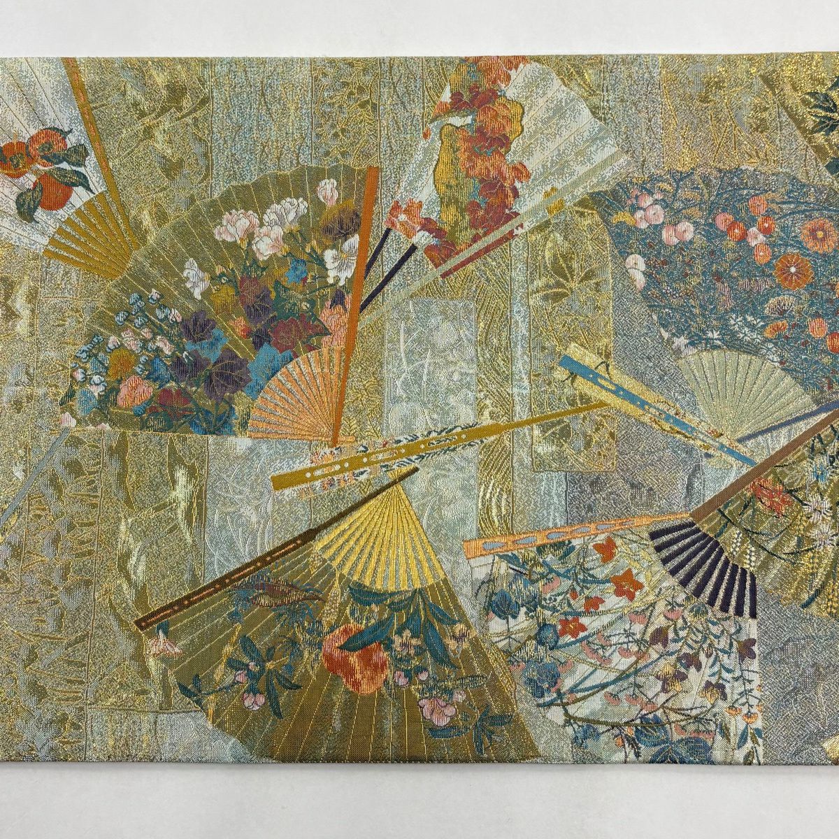 【美品】 袋帶 秀品級 琳派三十六華扇子 花鳥 金金箔 金絲 淺綠 お太鼓圖案 純蠶絲