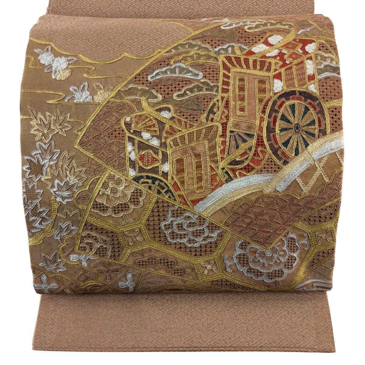 袋帶 秀品級 扇子面 御所車 刺繡 金銀彩 薄小豆 大鼓圖案 純蠶絲