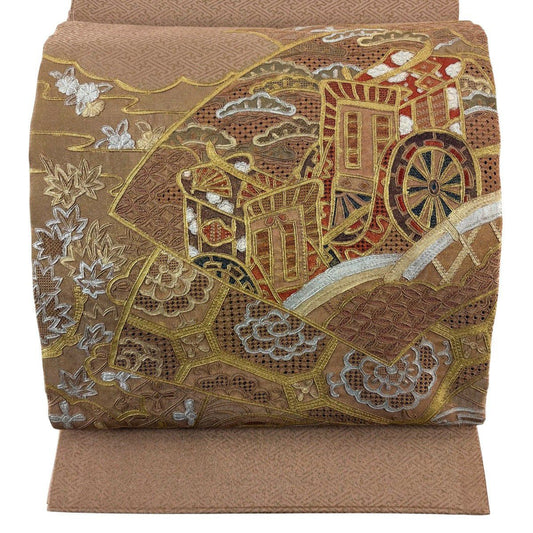袋帶 秀品級 扇子面 御所車 刺繡 金銀彩 薄小豆 大鼓圖案 純蠶絲