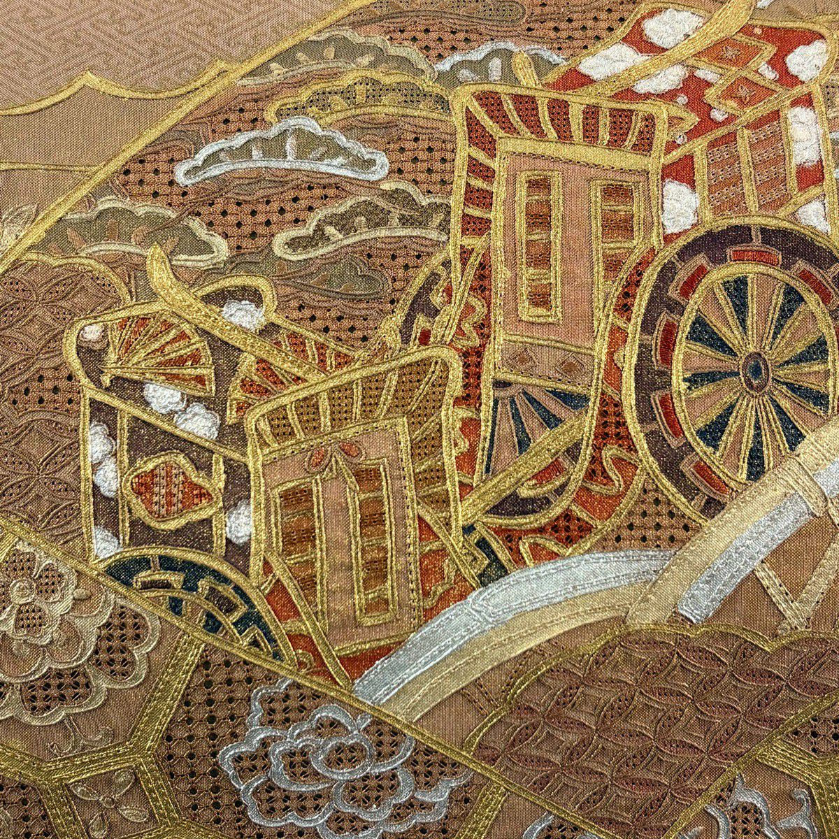 袋帶 秀品級 扇子面 御所車 刺繡 金銀彩 薄小豆 大鼓圖案 純蠶絲