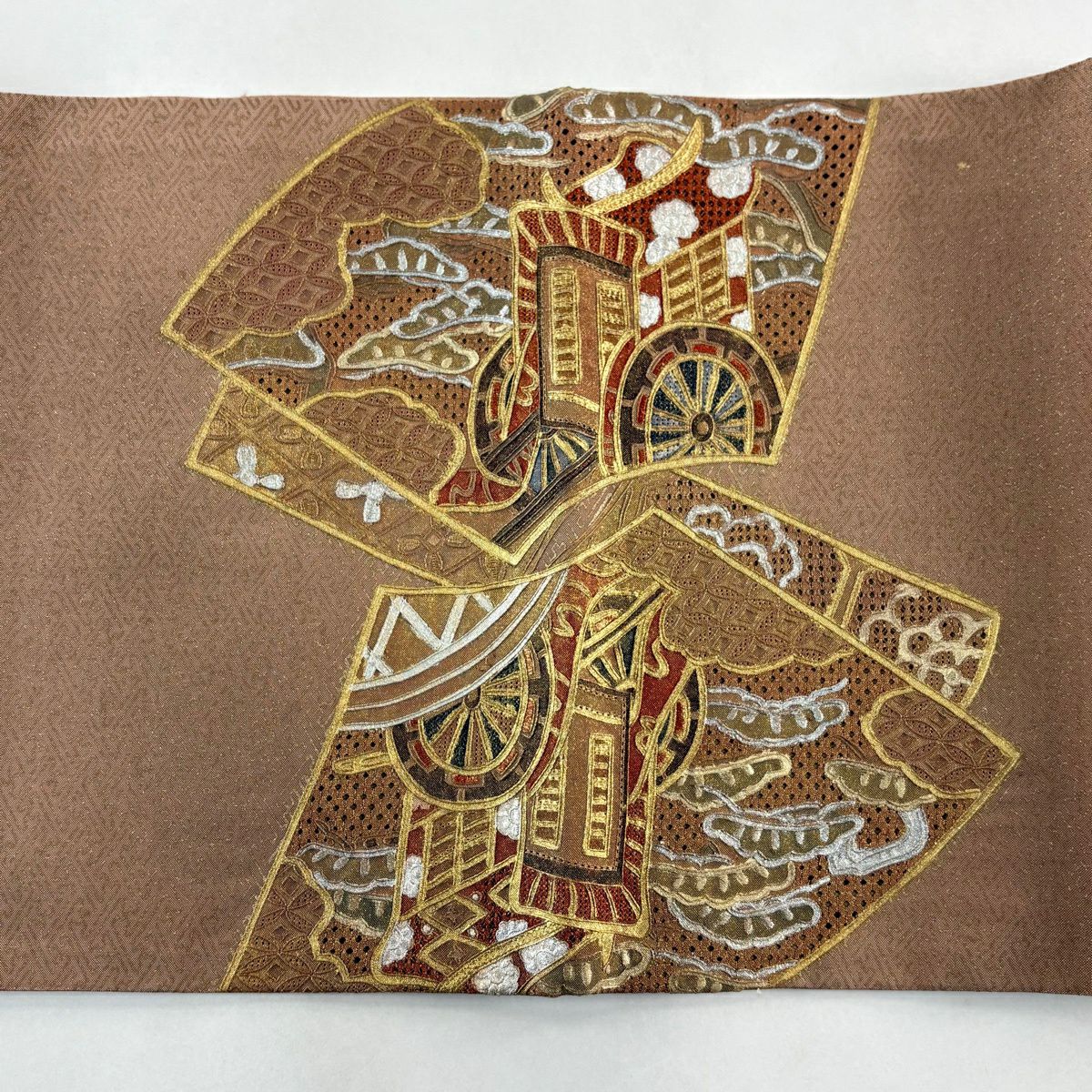 袋帶 秀品級 扇子面 御所車 刺繡 金銀彩 薄小豆 大鼓圖案 純蠶絲