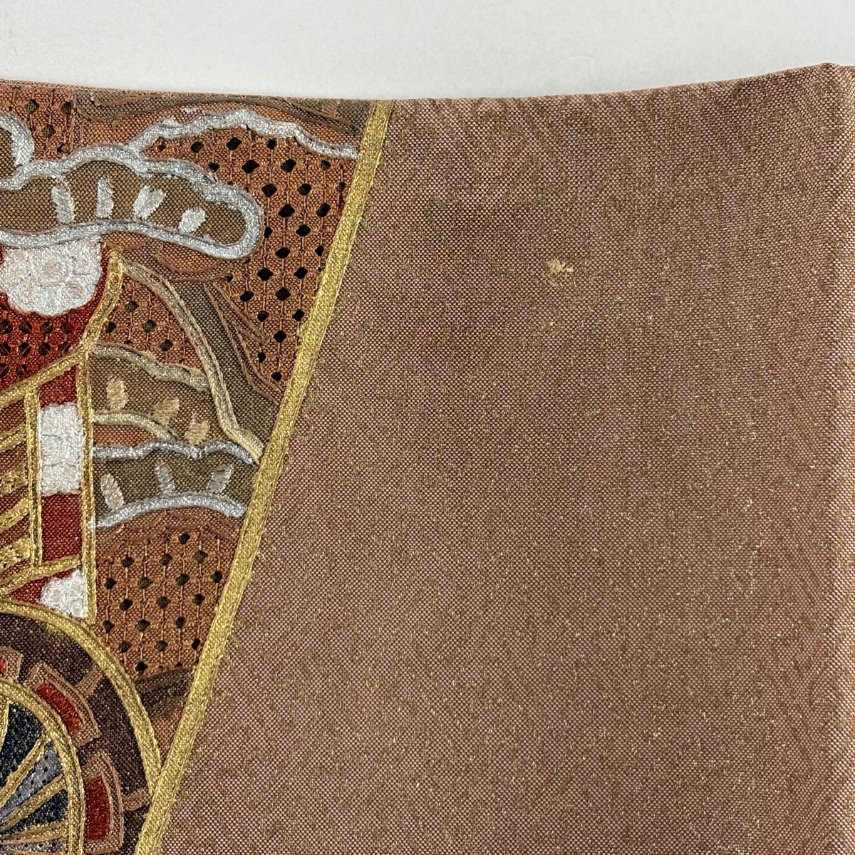 袋帶 秀品級 扇子面 御所車 刺繡 金銀彩 薄小豆 大鼓圖案 純蠶絲