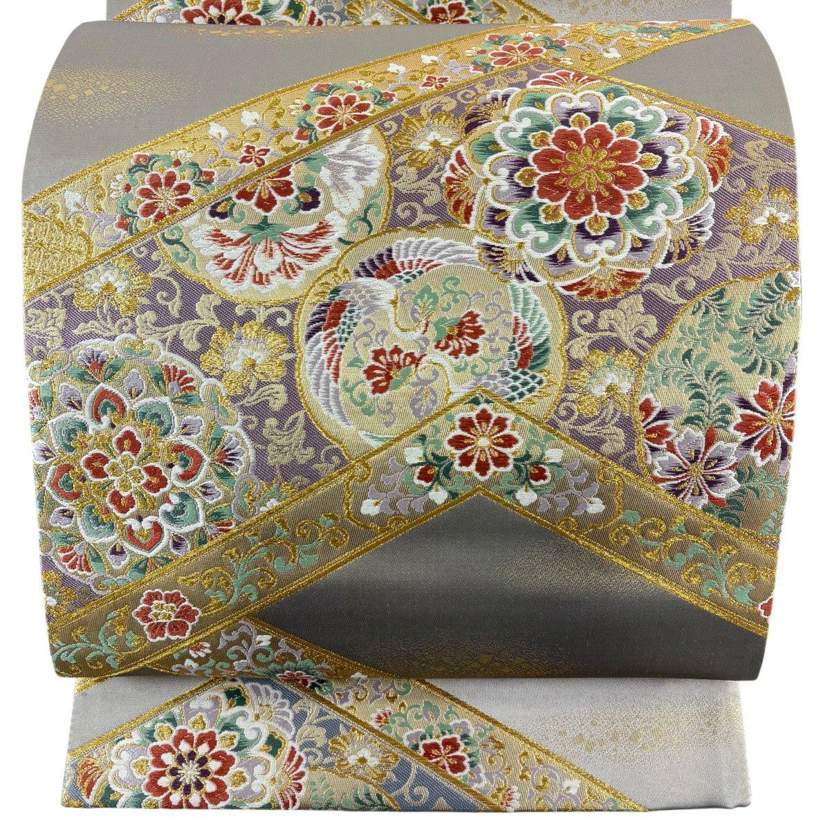 【美品】 袋帶 秀品級 貝紫染 松樹皮瑞華紋 金絲 唐織 灰茶 六通 純蠶絲