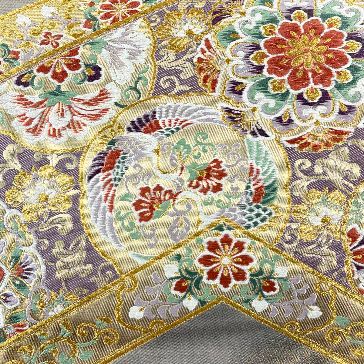 【美品】 袋帶 秀品級 貝紫染 松樹皮瑞華紋 金絲 唐織 灰茶 六通 純蠶絲