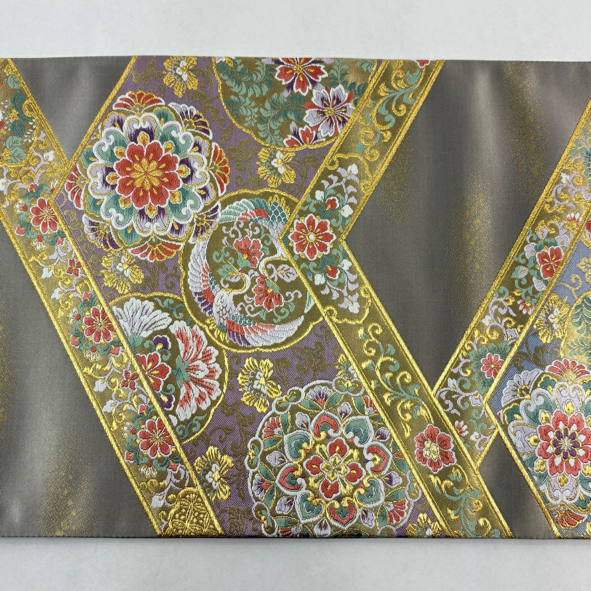 【美品】 袋帶 秀品級 貝紫染 松樹皮瑞華紋 金絲 唐織 灰茶 六通 純蠶絲