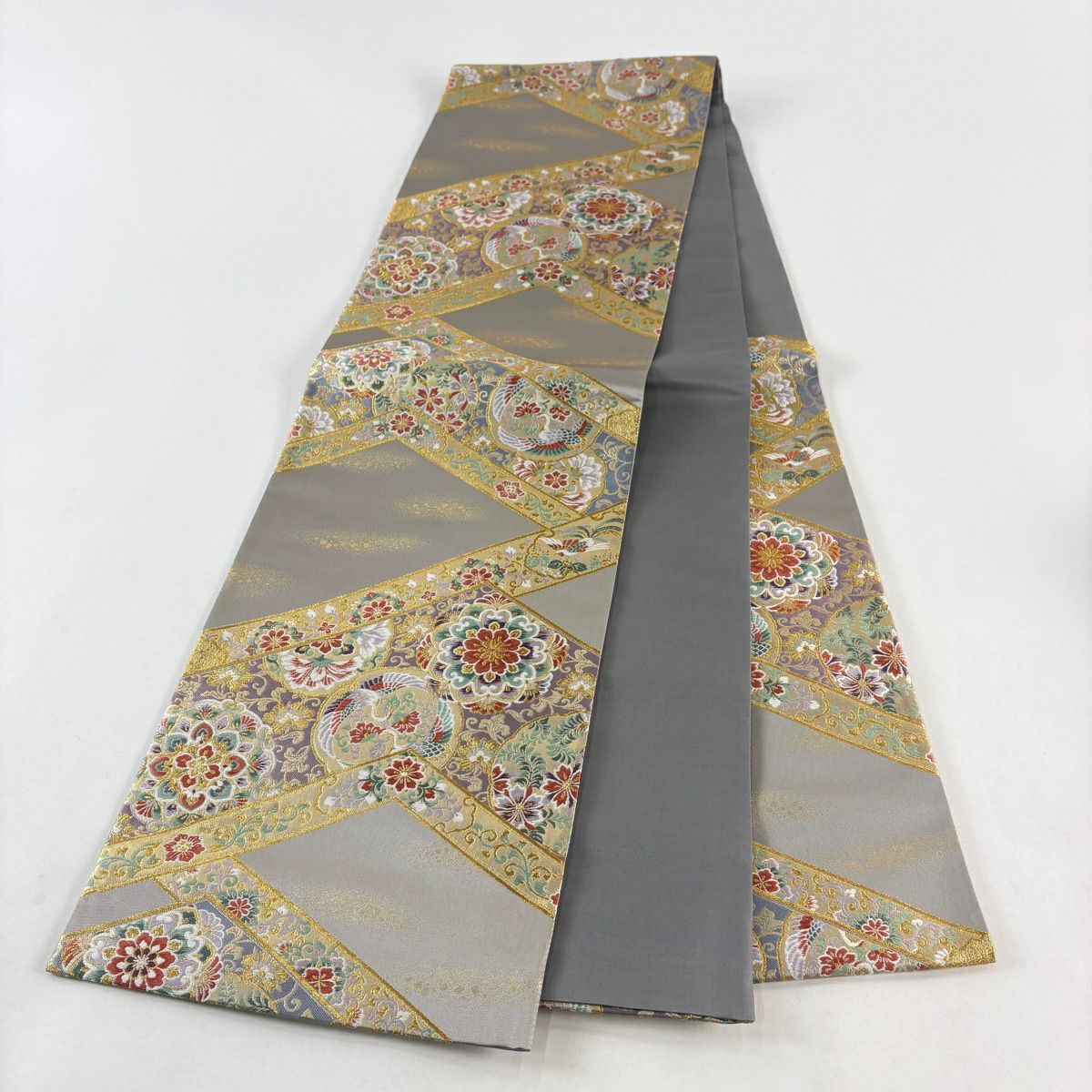 【美品】 袋帶 秀品級 貝紫染 松樹皮瑞華紋 金絲 唐織 灰茶 六通 純蠶絲