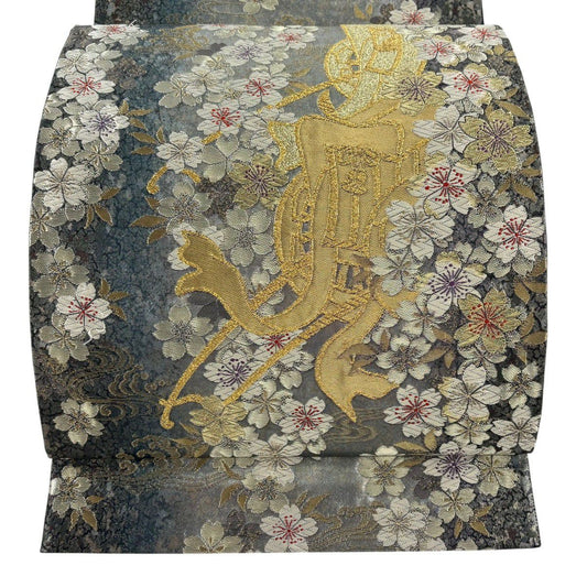袋帶 秀品級 樱花 御所车 金银丝 金金箔 灰色 六通 純蠶絲