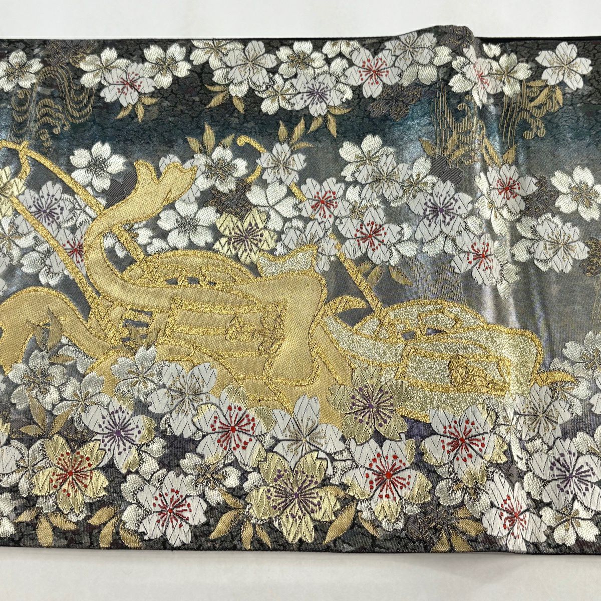 袋帶 秀品級 樱花 御所车 金银丝 金金箔 灰色 六通 純蠶絲