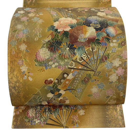 袋帶 秀品級 花扇子 櫻花 金銀彩 螺鈿 金色 大鼓圖案 純蠶絲