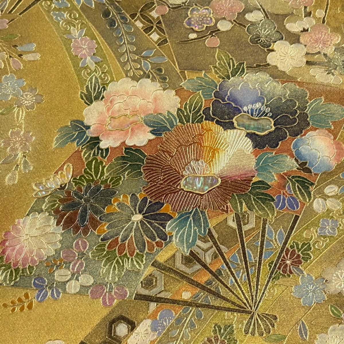 袋帶 秀品級 花扇子 櫻花 金銀彩 螺鈿 金色 大鼓圖案 純蠶絲