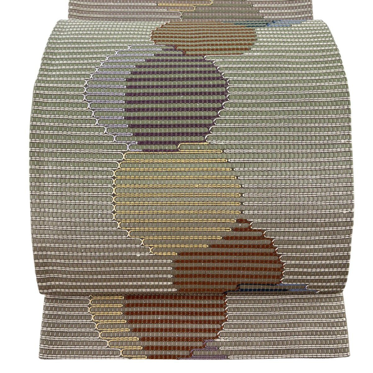 【美品】 袋帶 秀品級 圓文 條紋 金銀彩 灰綠 六通 純蠶絲