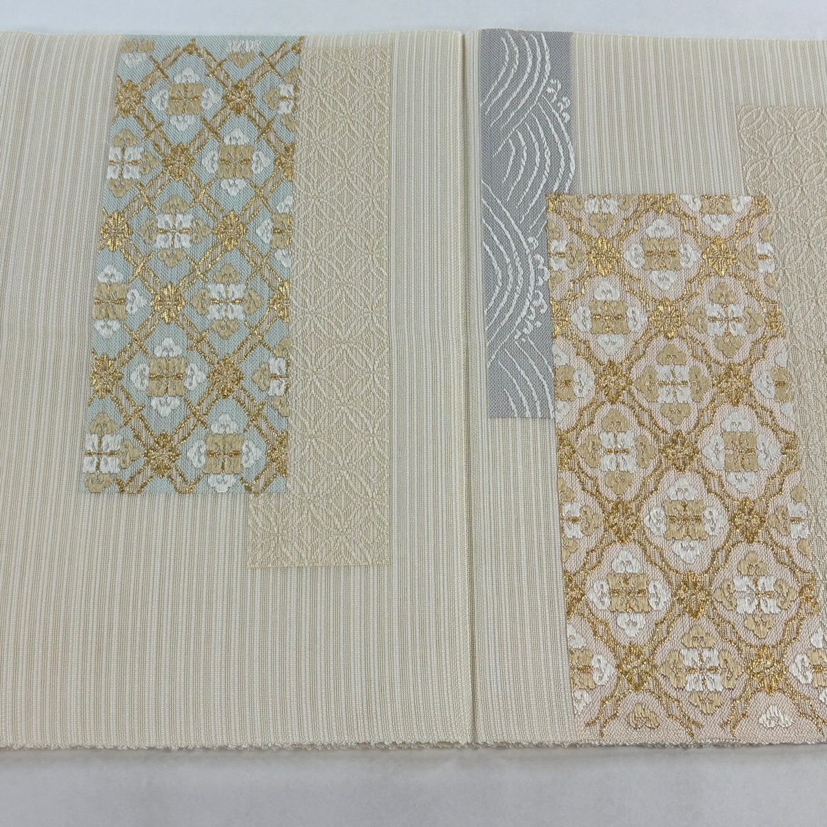袋帶 秀品級 絽 夏帶 花菱 七寶 金絲 米色 六通 純蠶絲
