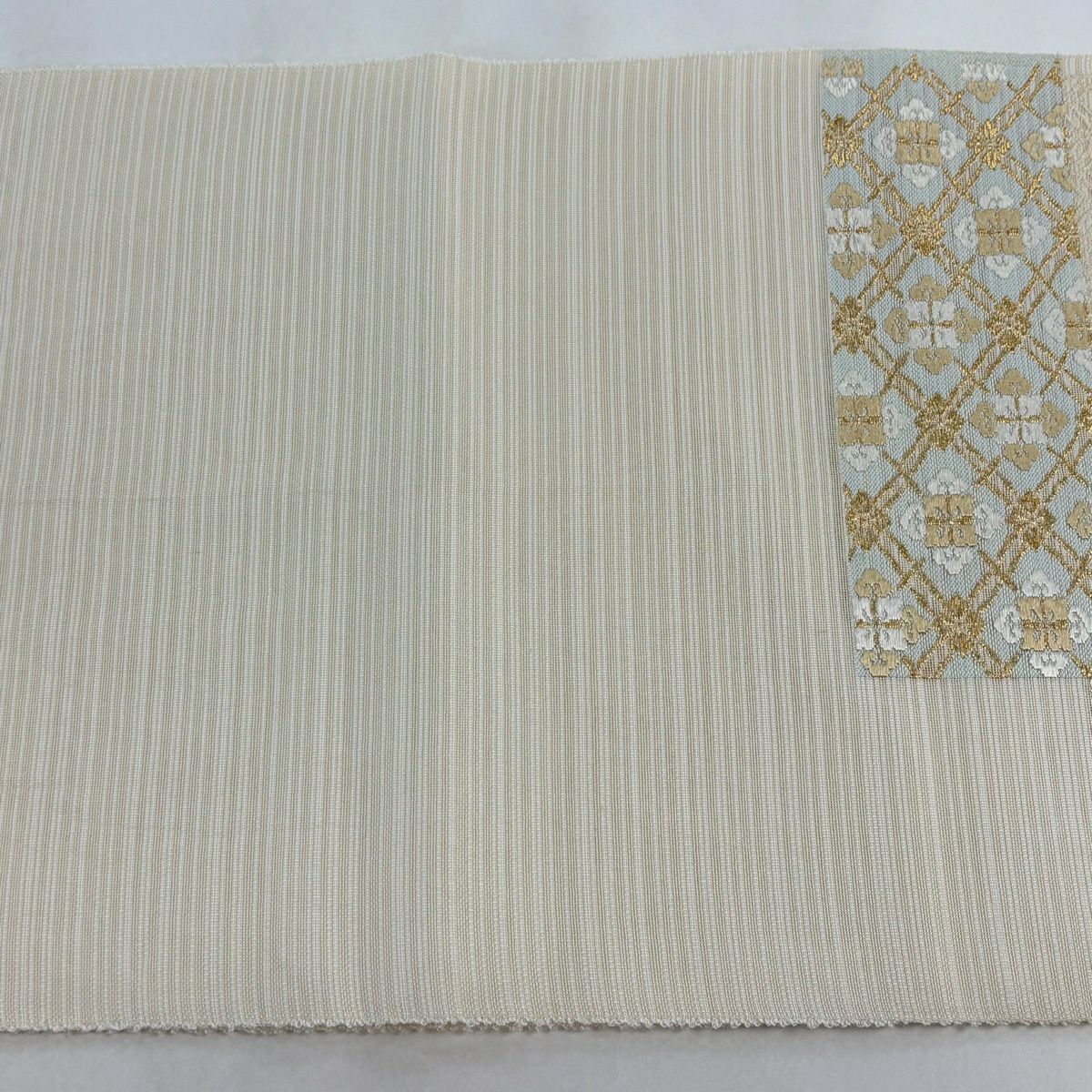 袋帶 秀品級 絽 夏帶 花菱 七寶 金絲 米色 六通 純蠶絲