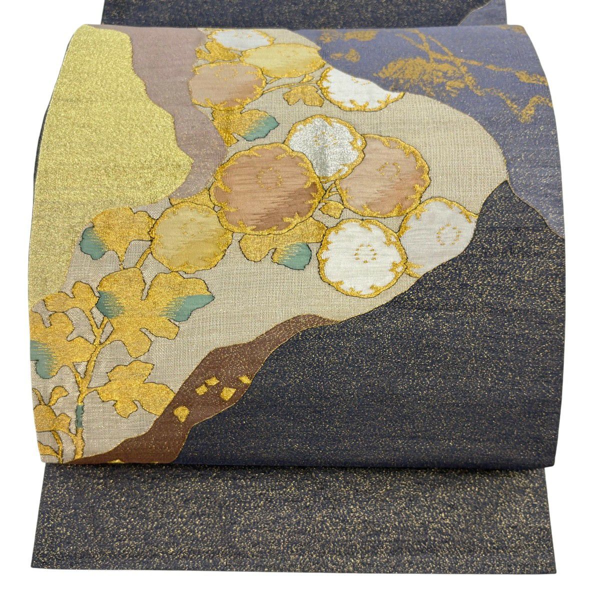 【美品】 袋帶 秀品級 萬壽菊花 蔦 金銀線 金金箔 灰紫 お太鼓圖案 純蠶絲
