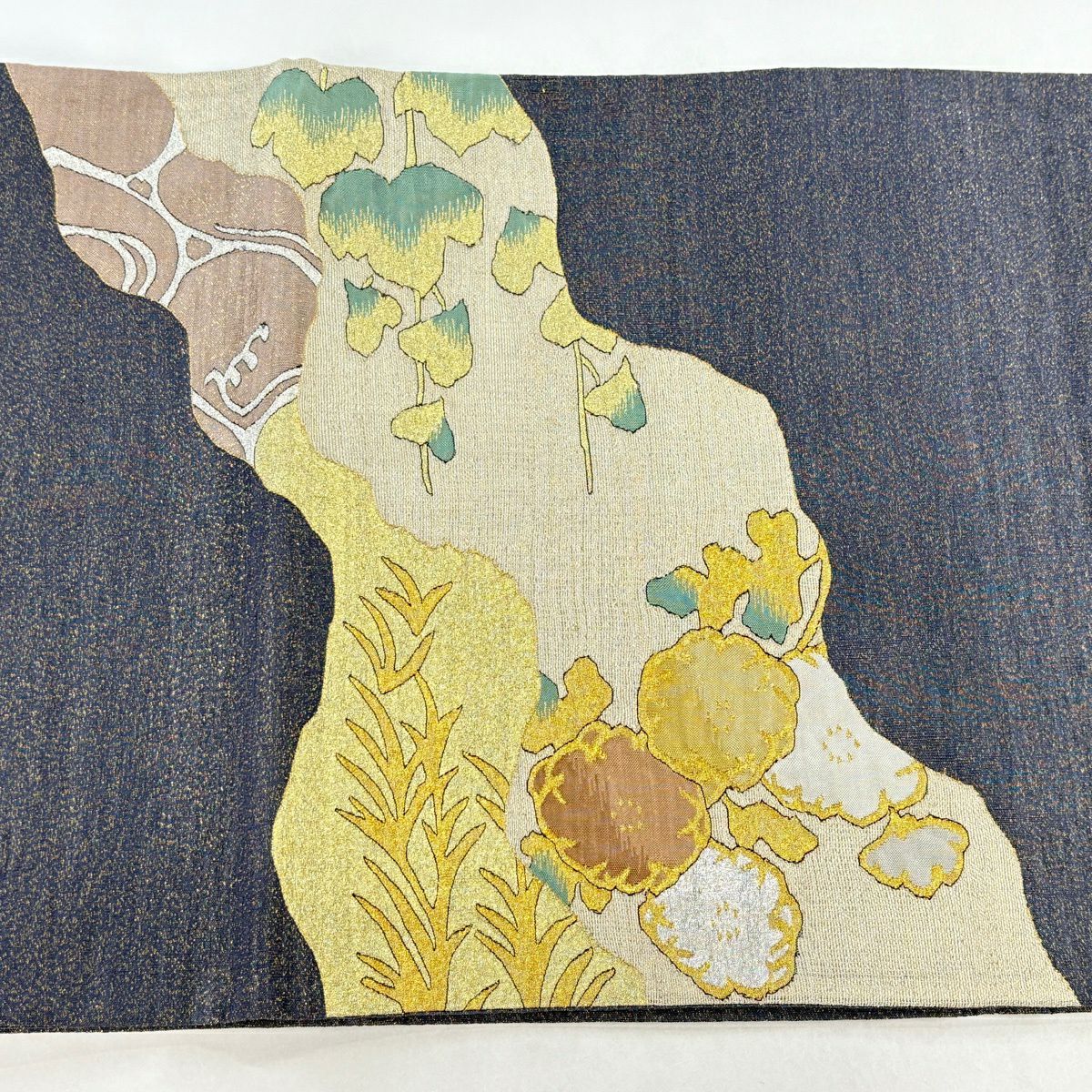 【美品】 袋帶 秀品級 萬壽菊花 蔦 金銀線 金金箔 灰紫 お太鼓圖案 純蠶絲